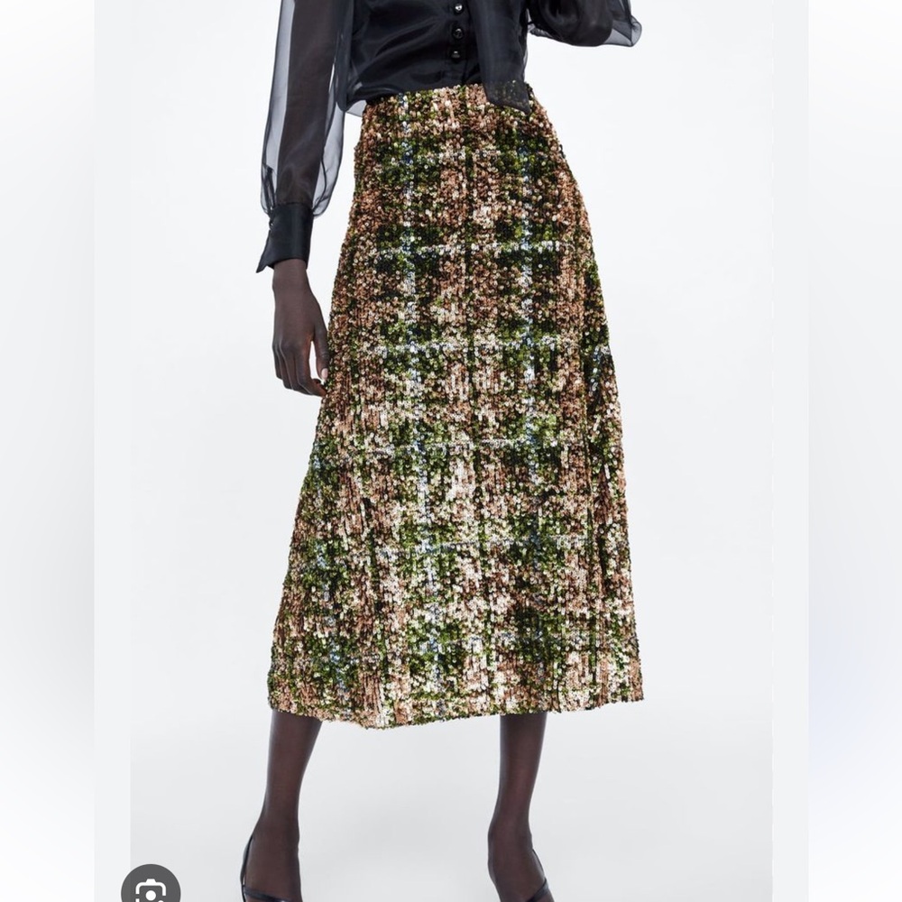 Zara Limited Edition Plaid Sequin Midi Skirt
